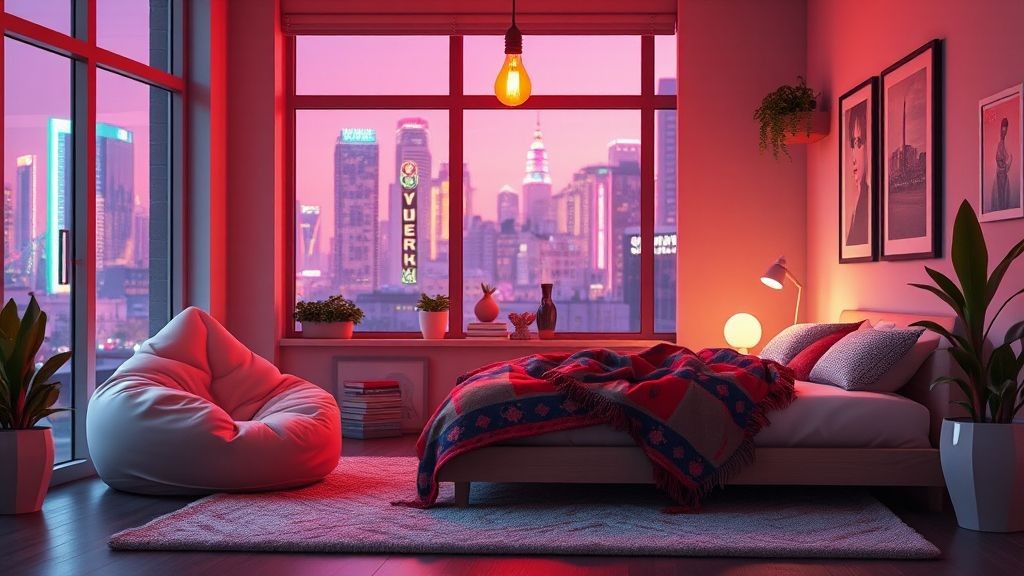 Cozy bedroom with city view, red lighting, bean bag, and potted plants.