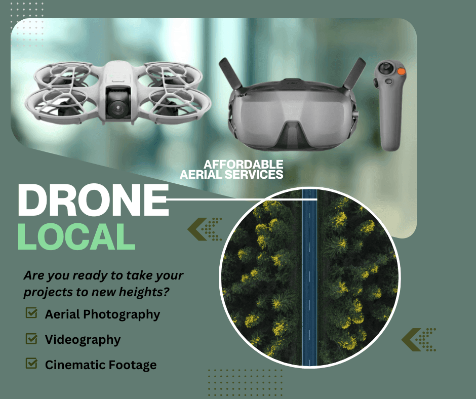 Drone, goggles, and controller with aerial photography services text and forest road image overlay.