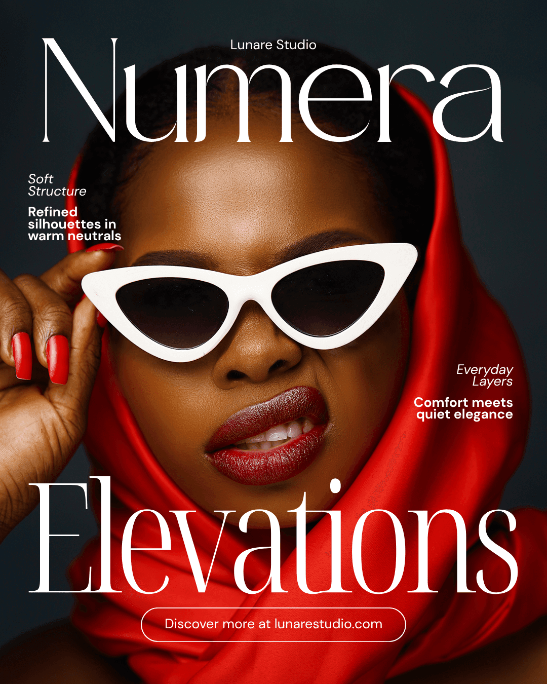 Fashion magazine cover featuring a person in white sunglasses and red lipstick, wrapped in a red scarf.