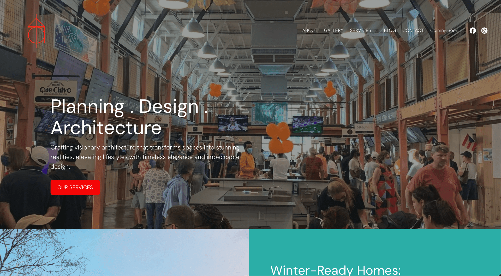 Interior view of a bustling architectural space with people gathering under hanging lights and orange decorations.