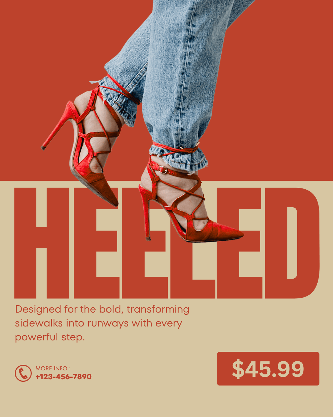 Red high heels and jeans over bold text, with pricing and contact info for $45.99.