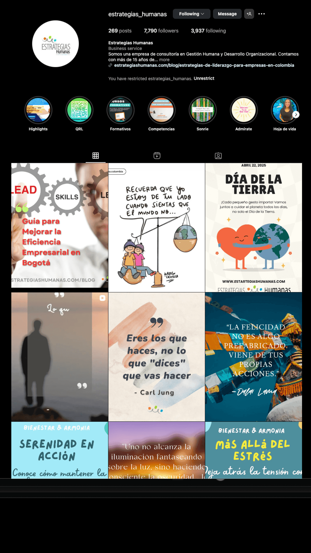 Instagram profile page of Estrategias Humanas showcasing various motivational and business efficiency posts.