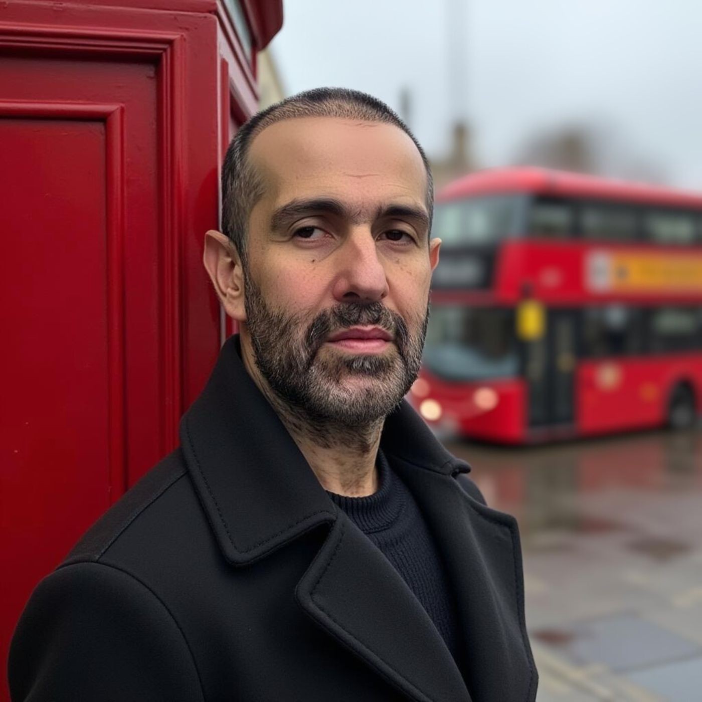 Man in a black coat standing by a red phone booth with a London bus in the background.