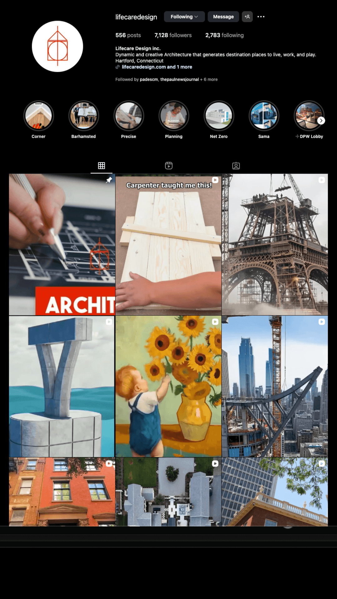 Instagram profile of lifecaredesign with various architecture-themed posts and highlight icons.