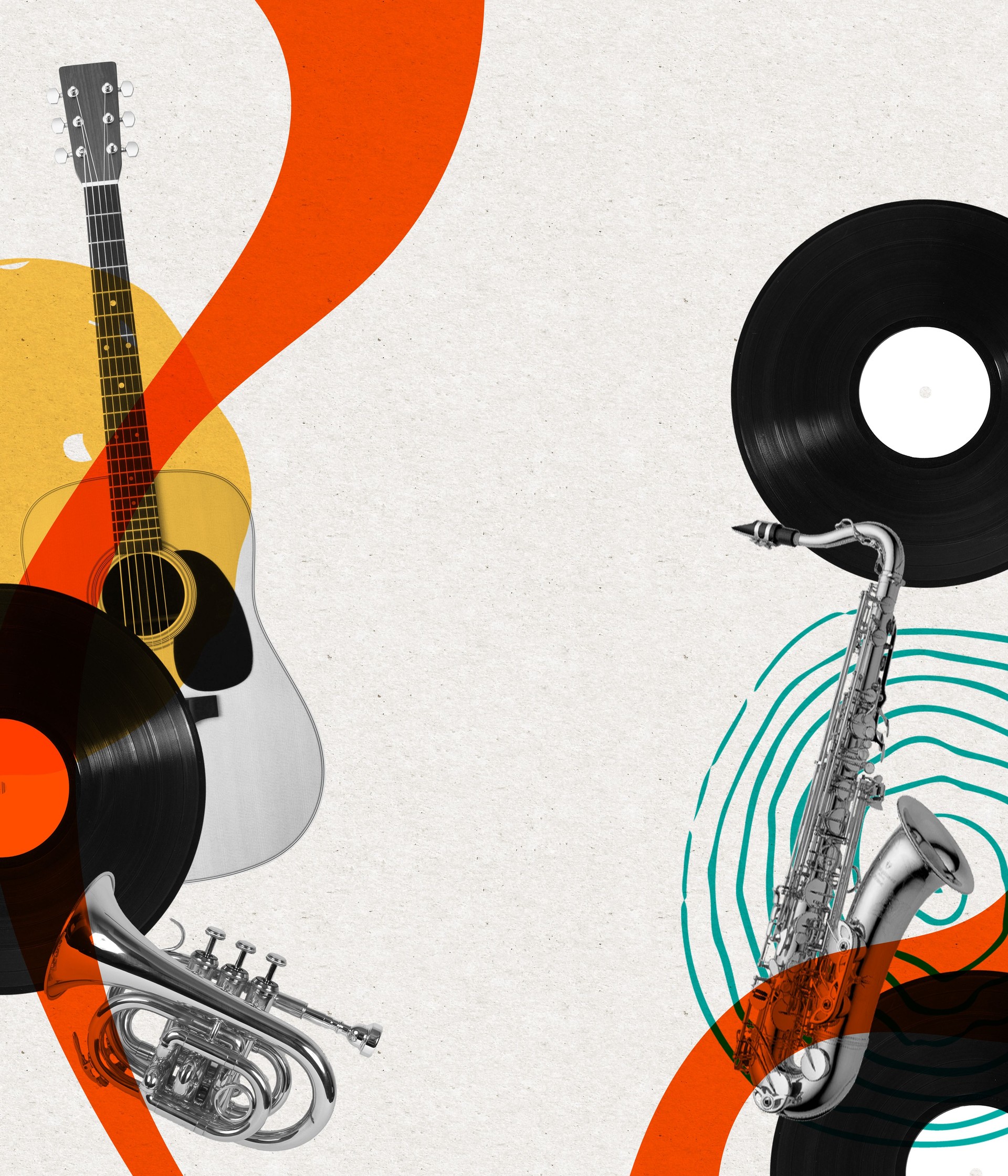 Contemporary art collage. Concept of music lifestyle, creativity, inspiration, imagination, ad. Musical instruments on bright background
