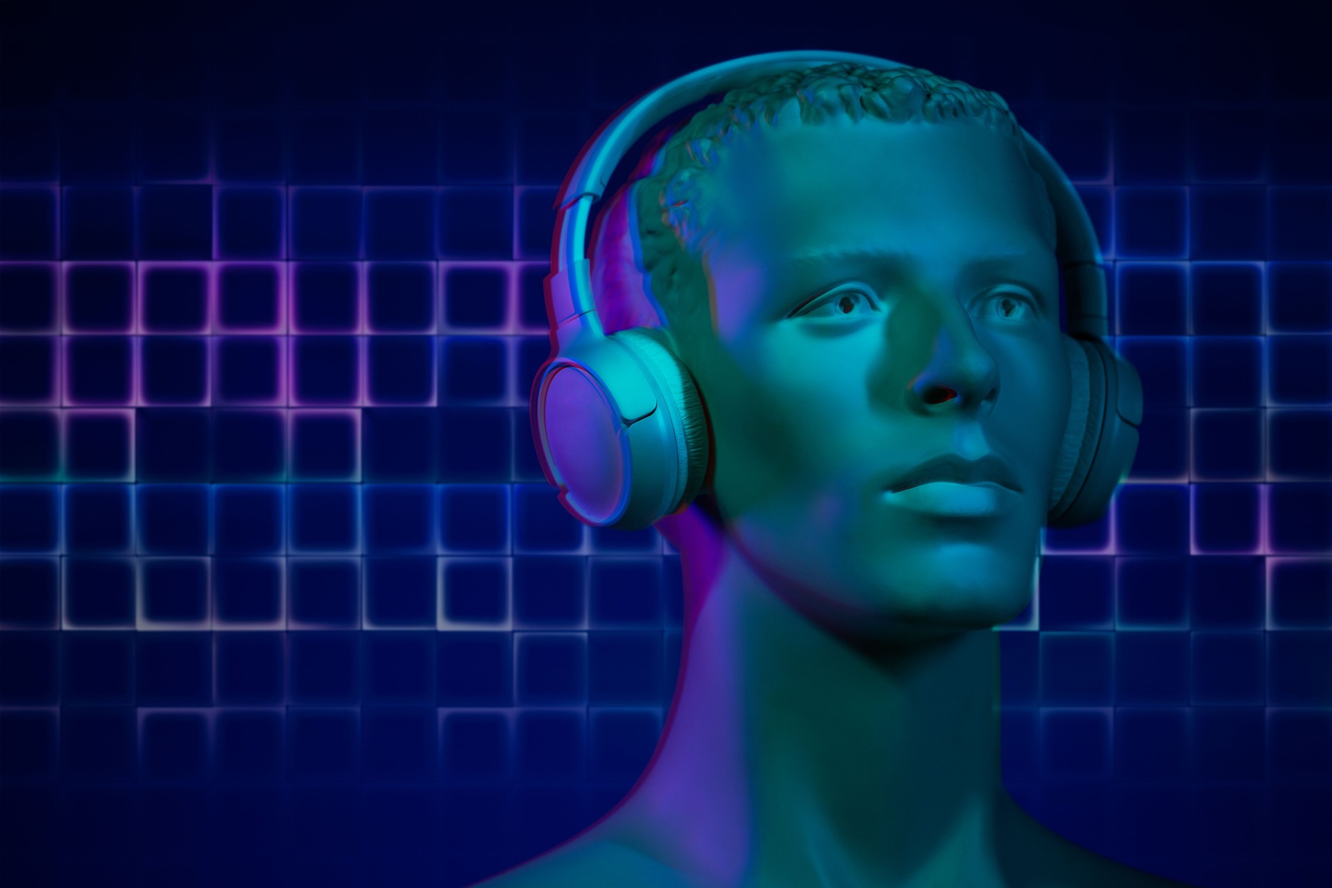 Futuristic Mannequin with Headphones and Neon Grid