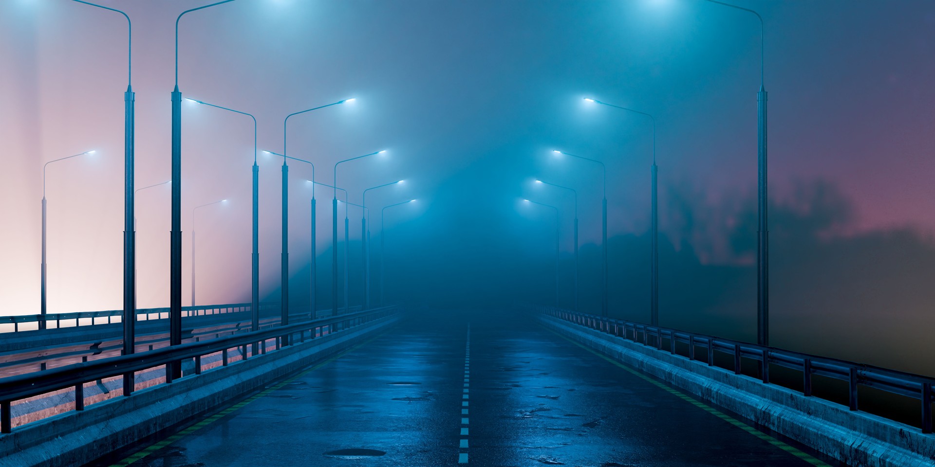 Foggy bridge with glowing streetlights, mysterious road ahead, wet pavement, blue twilight, empty path, future journey, atmospheric scene, urban landscape, surreal mood, 3d rendering